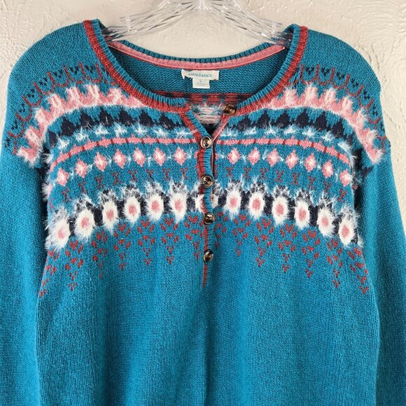 Sundance Fair Isle Henley Sweater S Blue Wool Blend Boho Cottage Cozy Pullover - Picture 3 of 13